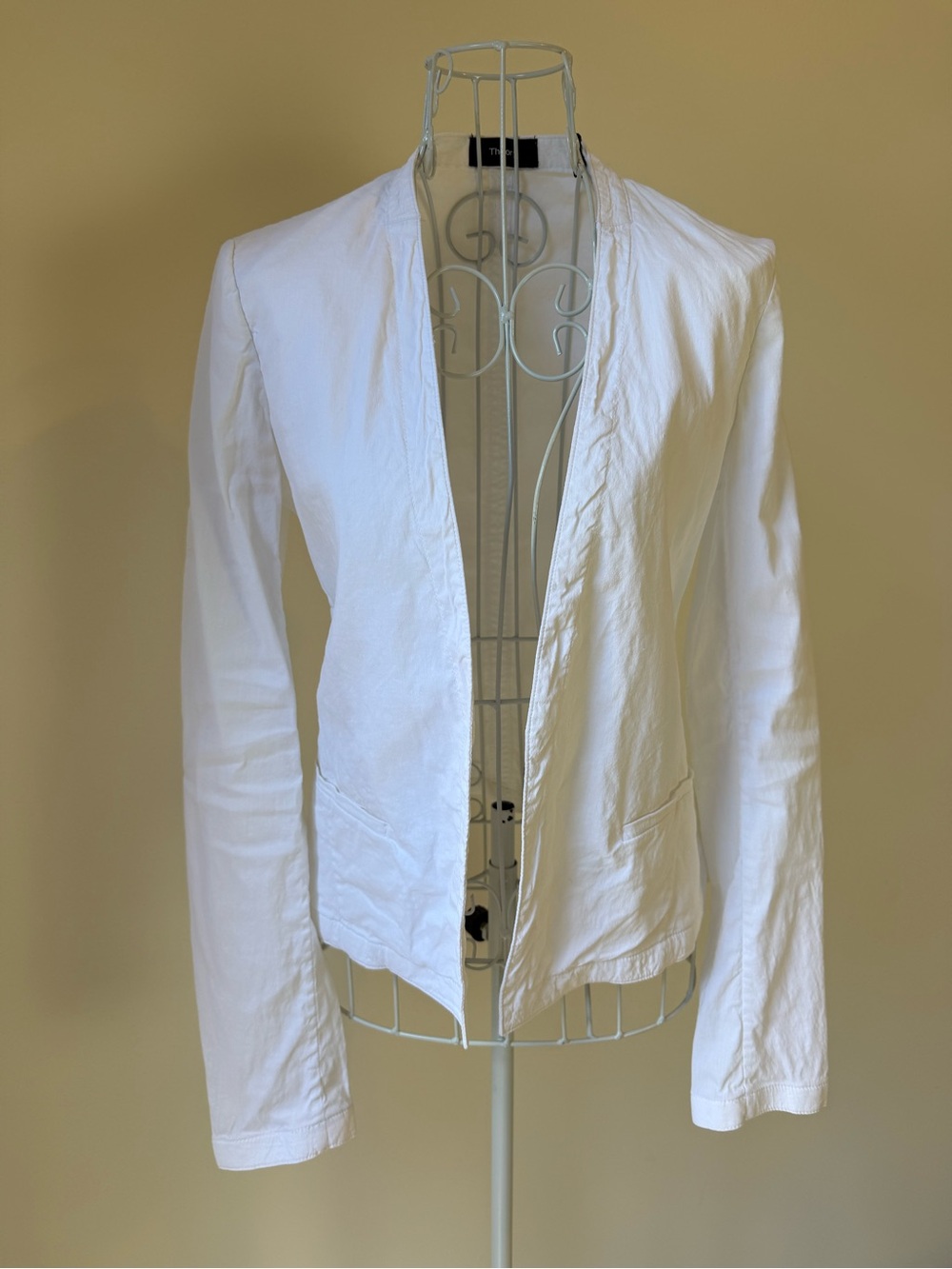 Theory White Linen Blend Open Front Fitted Blazer Jacket Size 0 Minimalist